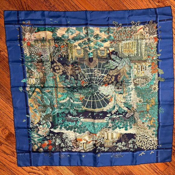 hermes annie faivre jardin l'hiver 90 silk scarf blue - Picture 1 of 6